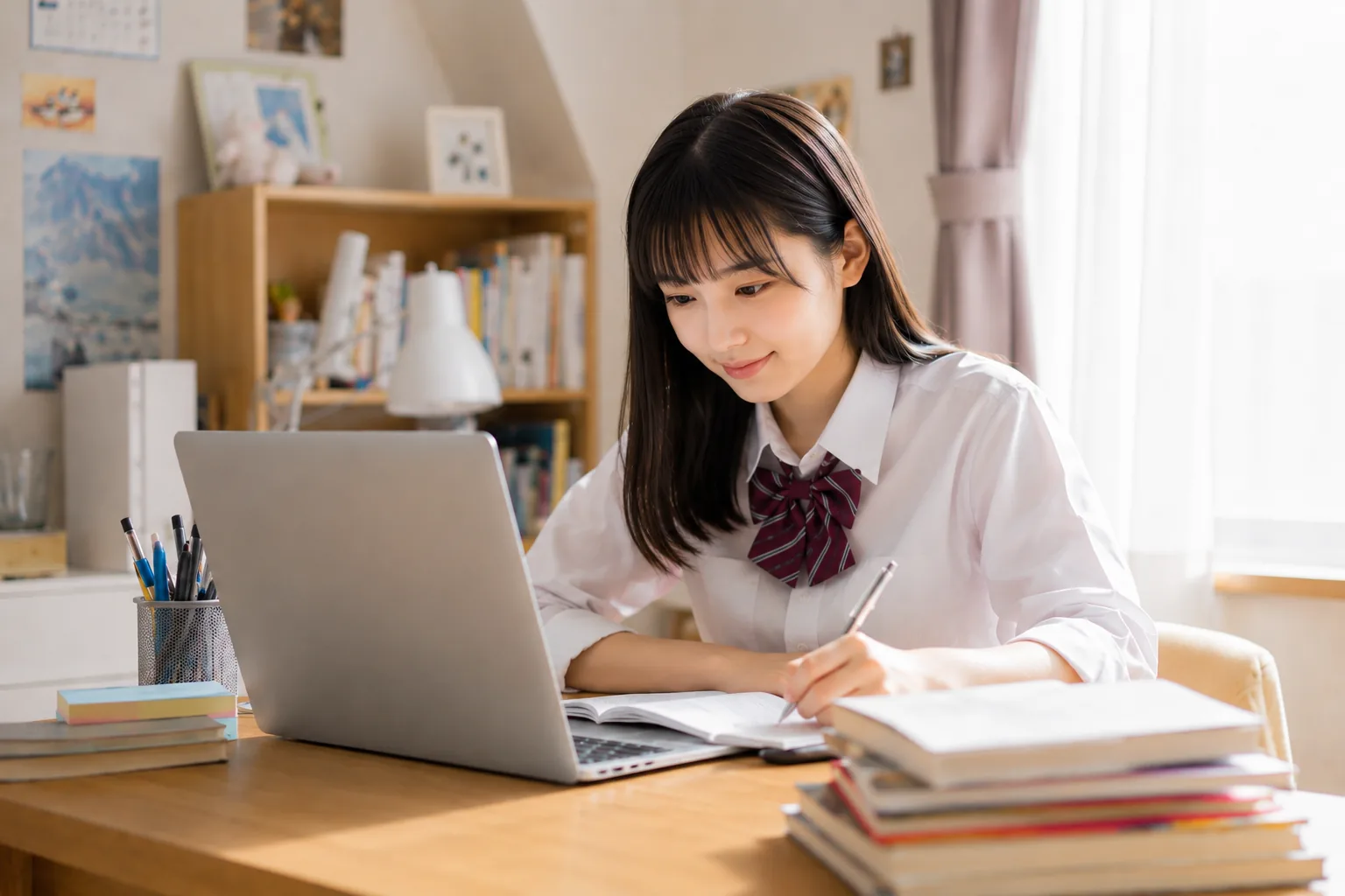机でノートを広げ、ノートパソコンを見ながら勉強している制服姿の高校生